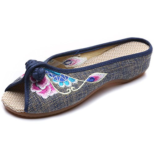 Qhome Women's Floral Embroidery Comfortable Casual Canvas Mules House Slippers Shoes