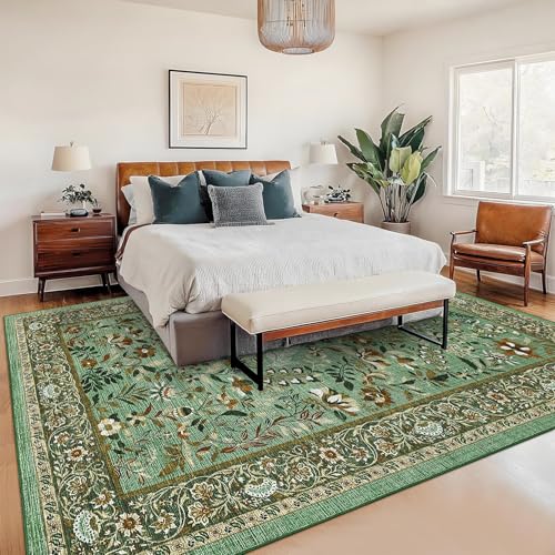 GarveeHome Green Living Room Rug 5x7 Washable Floral Area Rugs for Bedroom Low Pile Non Slip Floor Cover Indoor Soft Non-Shedding Farmhouse Retro Throw Carpet for Dining Room Home Office Nursery Dorm