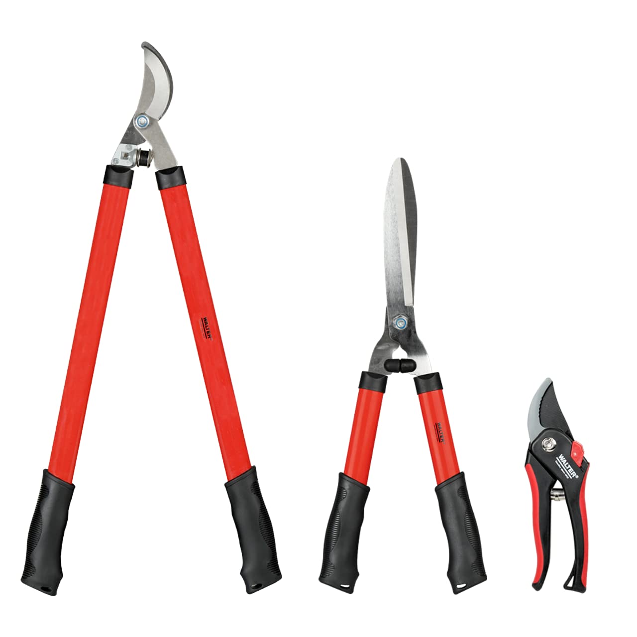 WALTER Gartenscheren-Set 3-teilig, Rosenschere, Heckenschere, Laubschere, Karbon-Stahl, ergonomischer Griff für Arbeiten im Garten