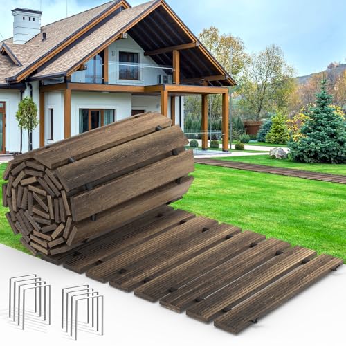 Mars Villa 8FT x 17IN Wooden Garden Pathway, Outdoor Roll Out Decorative Garden Walkway, Weather-Resistant Non-Slip Hardwood Walkway Pavers for Garden, Backyard, Beach, Wedding Party Pathways, Brown