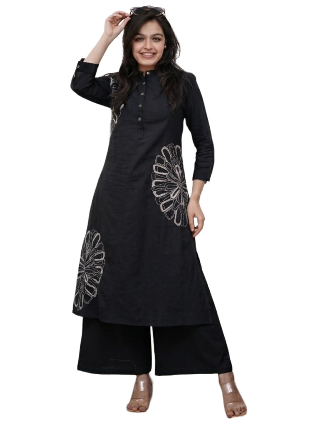 GoSriKi Women's Cotton Blend A-Line Embroidered Kurta with Palazzo (Bhagan Black-GS_XL_Black_X-Large)