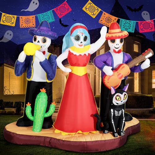 DomKom Halloween Inflatable Blow Up Decorations, Dia de Los Muertos 7FT Day of Dead Catrina Sugar Skull Band with Black Cat, Built-in LEDs for Holiday Party, Garden, Lawn, Yard, Patio Décor