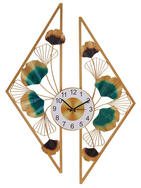 Image of CHRONIKLE Stylish Wall Art Floral Design Analog Metal English Numbers Wall Clock for Living Room Home Decoration Office Gifts (Size: 68 x 1 x 97 CM | Weight: 2230 Gram | Color: Golden & Green)
