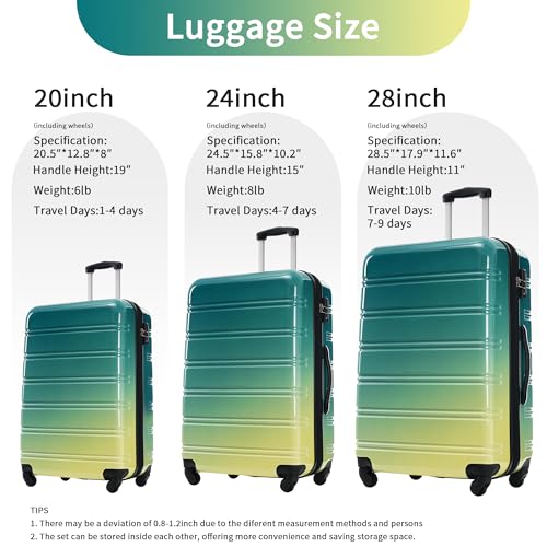 Gradient Color 3 Piece Luggage Set PC Expandable Hardside 360° Spinner wheels With Lock Suitcase Lightweight 20" 24" 28"2