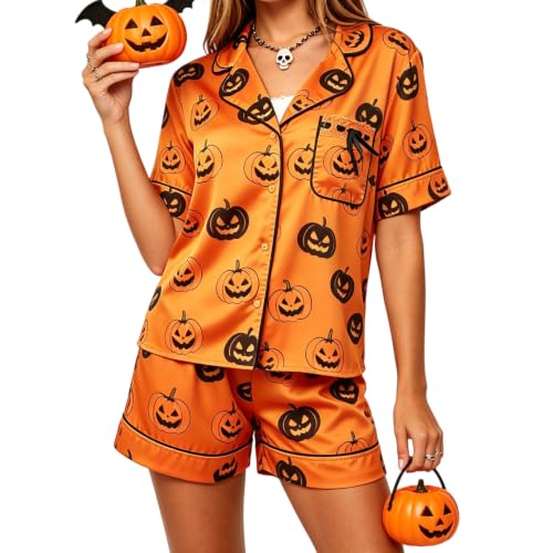 Image of Women Holiday Satin Pajamas Short Sleeve Shirts Shorts Set 2pc Loungewear