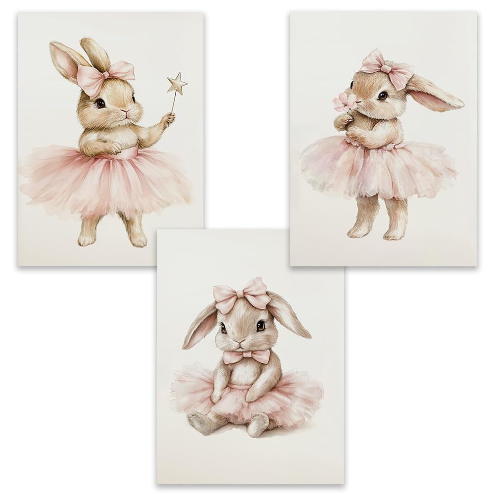 BeiYiHo 3 Tableau Lapin Chambre Fille Affiche Lapin Chambre Bebe 30x40cm Poster Chambre Ado Fille Boho Deco Chambre Enfant Bebe Rose Poudré Cadeau Toile SANS CADRE (BYCH082-30x40)