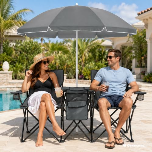 Silla de Camping Plegable Doble con Sombrilla Portátil para Picnic miniatura 2