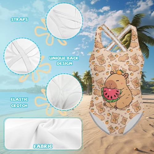 Image of Capybara Swimsuits for Girls 10-12 Casual One Piece Bathing Suit Trendy Comfy Summer Swimwear with Cross Straps Breathable Athletic Swim Wear