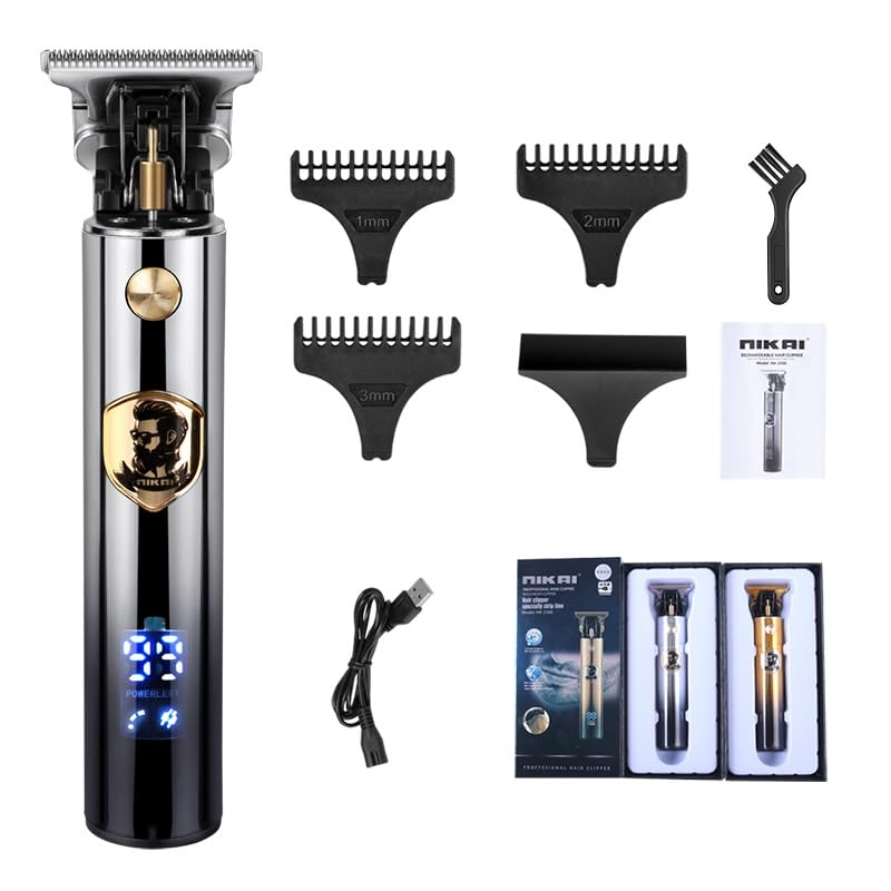 NIKAI NK-2266 Digital Display Electric Pro Li Outliner Cordless Rechargeable Grooming Kits T-Blade Close Cutting Trimmer for Men Zero Gap Baldhead Beard Shaver Barbershop Runtime 180 min (Silver)