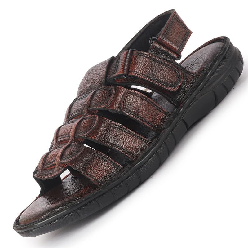 Image of FAUSTO Men Genuine Leather Multi Strap Open Toe Broad Feet Roman Sandals with Adjustable Back Strap | Slip Resistant Lightweight Sole
