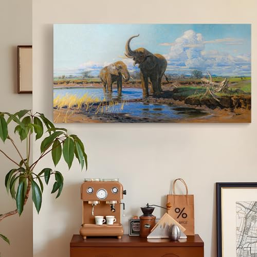 SERIMINO Large Wall Art for Living Room, Animal Elephants Vintage Wall Decor, Grassland Landscape Canvas Prints Paintings, Retro Pictures Home Decor for Bedroom, Farmhouse Bathroom Decor, 30x60 Inch