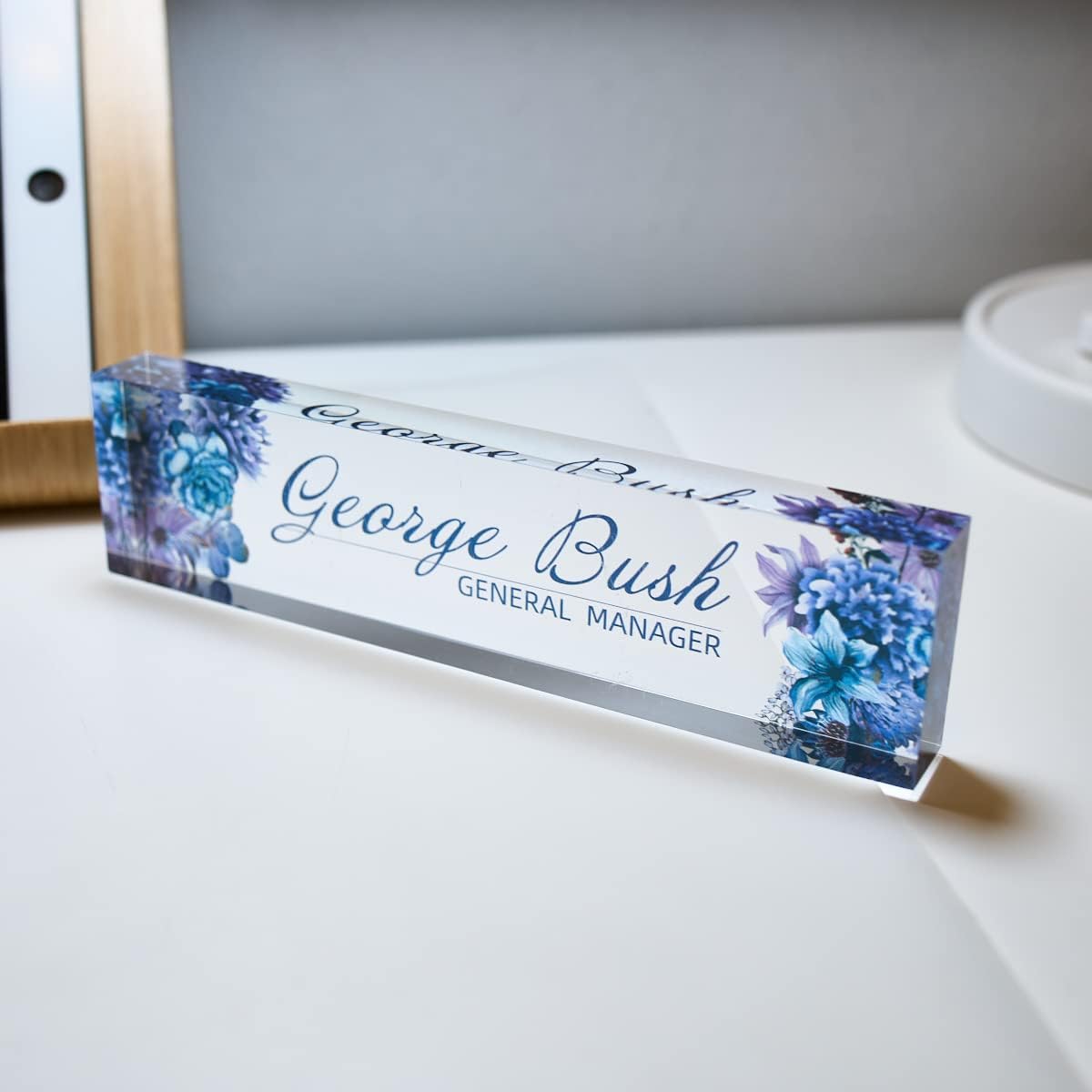 Name Plate for Desk | Personalized Office Desk Name Plate Clear Acrylic Glass Block | Customizable Desk Nameplate Plate Plaque Unique Gift (Blue Clear)