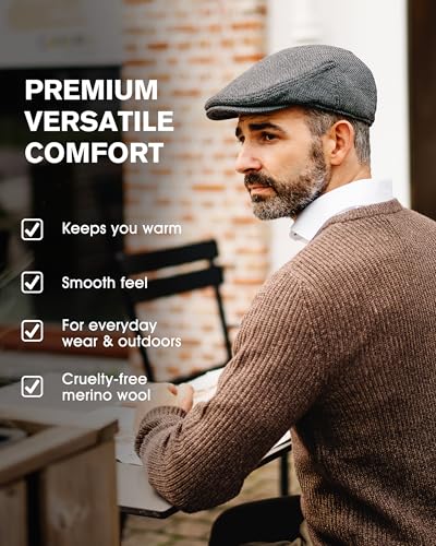 TOP-EX Men's Wool Blend Flat Cap Peaked Cap Tweed Newsboy Baker Boy Hats for Golf & Fishing Gatsby Duckbill Caps for Shooting Walking Hunting Herringbone_Brown L