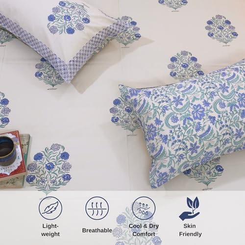 Image of TOAI Hand Block Printed Bedsheet | Bed Spread Flatsheet Bed Sheet | Pure Cotton | King Size 108 inchx108 inch | 300 TC Long Staple Cotton | 2 Reversible Pillow Covers |Mughal Motif on Beige
