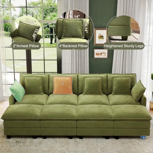 Image of 107 inch Cloud Couch Sectional Modular Sofa, Deep Seat Couches with Ottoman and Removable Washable Pillows for Living Room, Bedroom, Apartment, Green
