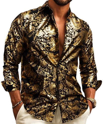Barry.Wang Men's Disco Dress Shirt Long Sleeve Nightclub Mexico Paisley Floral Shirts Metallic Gothic Shiny Button Down Shirt