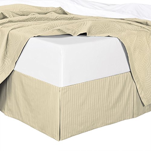 300tc Cotton Stripes Pleated Tailored Bed Skirt with 15 Inches Drop and Split Corners (King, Beige)
