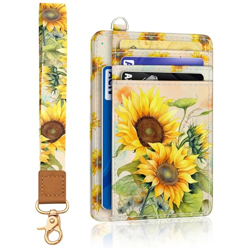 Image of Yonlevres Sunflower Credit Card Holder Slim RFID Wallet Women Wristlet Gift | Front Pocket, Handy, RFID Blocking, Woman Girls Ladies Gifts, D-ring for Keychain,Thin Mini Card Case, ID Window, PU Leather
