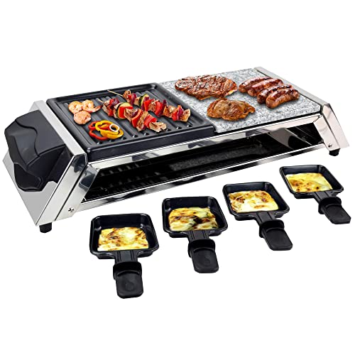 Syntrox Germany RAC-1200W-Genf Raclette aus Edelstahl Mit heißem Stein & 8 Pfännchen