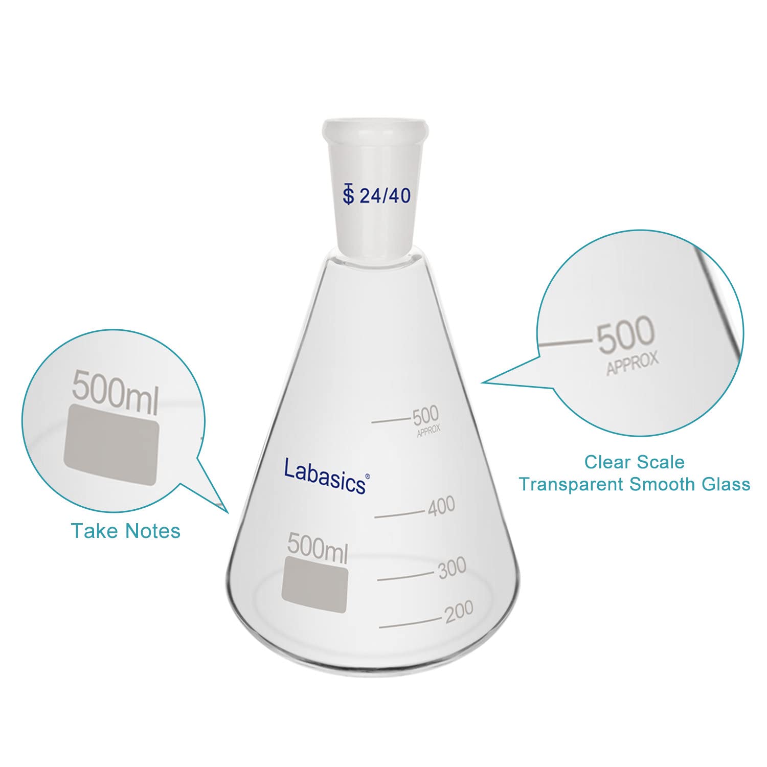Labasics Flacon Erlenmeyer en Verre 24/40, Flacon à Paroi Épaisse en Verre Borosilicaté avec Joint Extérieur Conique Standard 24/40, 500 ml