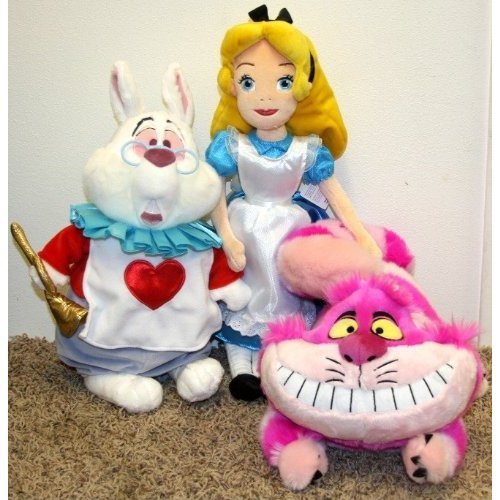 Hard to Find Disney Alice in Wonderland Plush Doll Set with 19 Cheshire Cat, 17 White Rabbit, and 21 Plush Alice Doll Mint with Tags by Disney