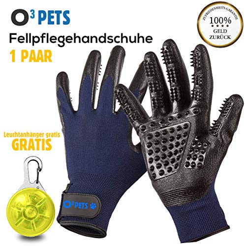 O³ Pets Fellpflegehandschuh // 1 Paar Handschuhe + 1 Leuchtanhänger // Fellhandschuhe Hunde Katzen Pferde // Pet Grooming Glove – Tierhaar Handschuh