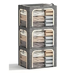3 Openings Clothes Storage Bins with Metal Frame, Foldable Storage Bin for Clothes, Clothing Storage Bins with Lid, Linen Storage Box With Clear Window& Zippers& Durable Handles.(3 Pcs,Dark Grey,40L)