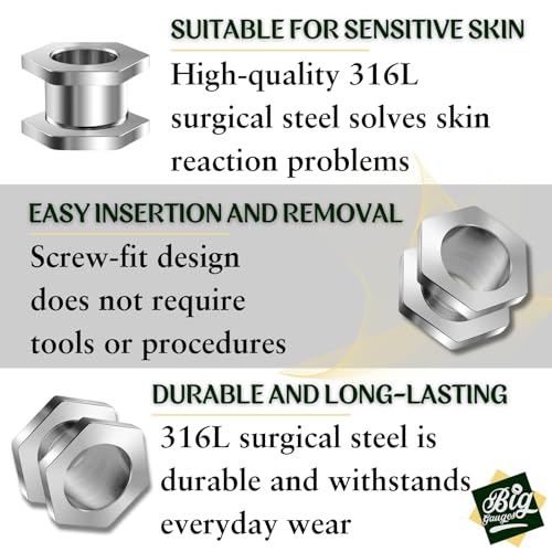 Pair of Surgical Steel Polished Hexagon Screw-Fit Flesh Tunnels Piercing Jewelry Stretcher Ear Plugs Earring Lobe3