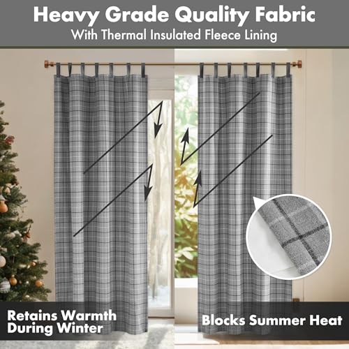 Image of Madison Park Anaheim Cabin Plaid Curtain Window, Thermal Insulated Fleece Lining, Living Room Decor Room Darkening Drape for Bedroom, 1-Single Panel Pack, 50x84 Faux Leather Tab Top, Grey