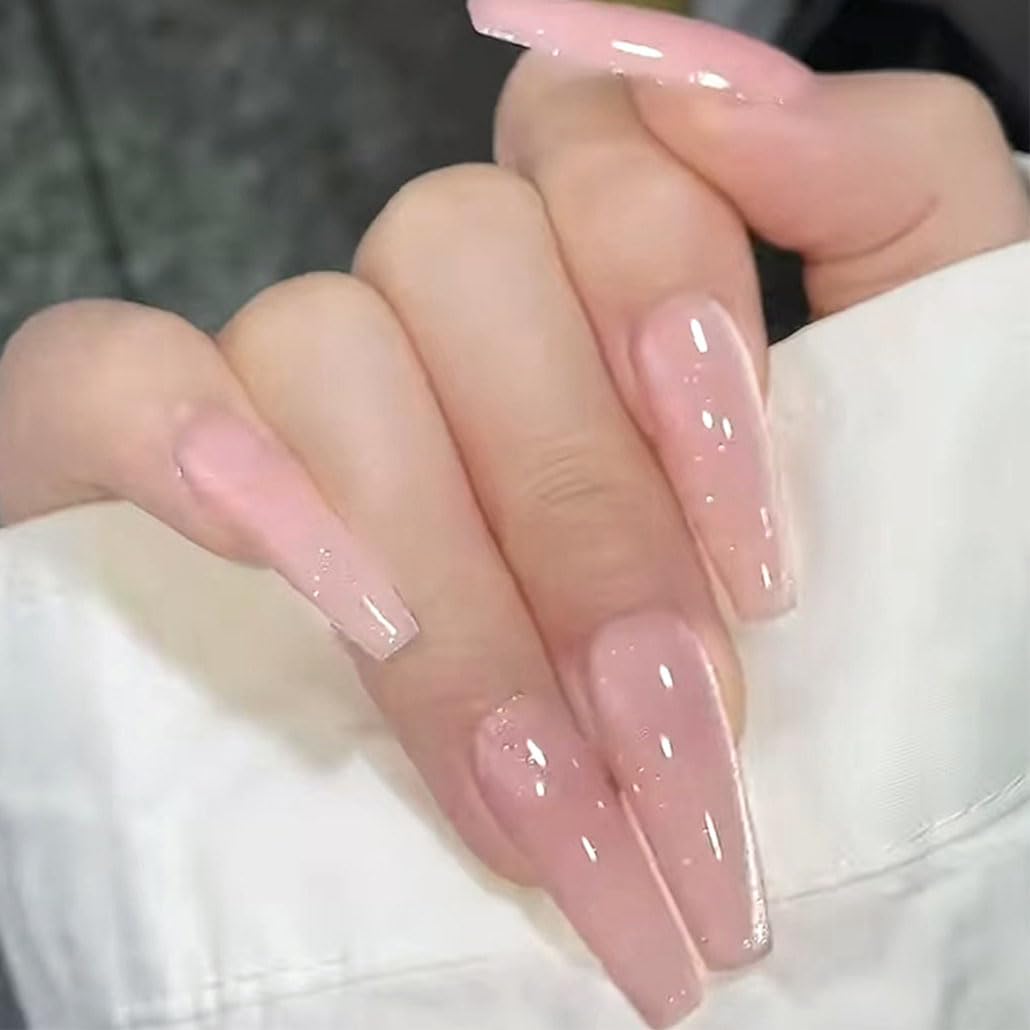 Foccna Press on Nails Long Pink Fake Nails Coffin Bling Glossy False Nail Tips Artificial Nails Finger Manicure for Women and Girls-24pcs
