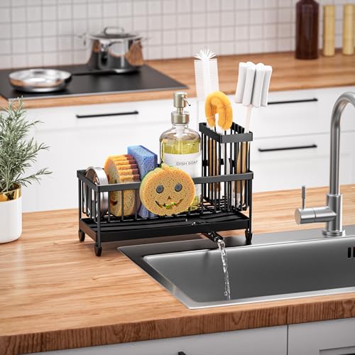 Image of Cisily Sponge Holder for Kitchen Sink, Sink Caddy Organizer with High Brush Holder, Kitchen Countertop Organizers and Storage Essentials, Rustproof 304 Stainless Steel (Black with Smiley Face, 9.25″)