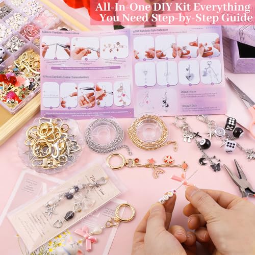 Image of Wurosi 945 Pcs Bag Charm Kit, Charms Lip Gloss Keychain Making Kit, Beaded Keychain Making Kit, Y2K Keychains, 8 Ball Dice Charm Keychains, DIY Customizable Crafts Key Chains(Gold & Silver)