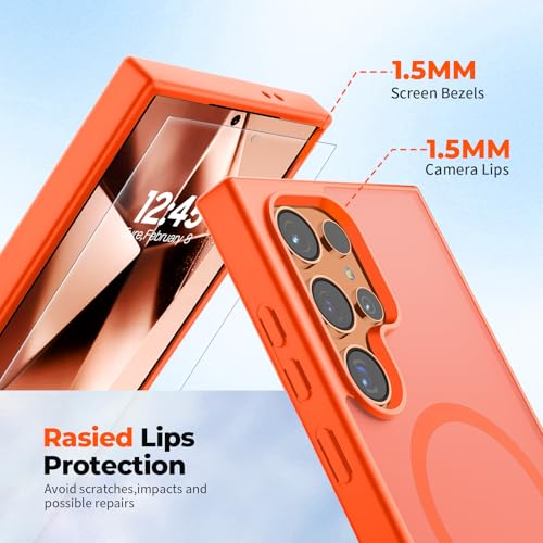 Image of SUPFINE Magnetic for Samsung Galaxy S24 Ultra Case with Screen Protector, (Built-in Magnets) (Military Grade Drop Protection) Slim Translucent Shockproof Phone Case,Orange