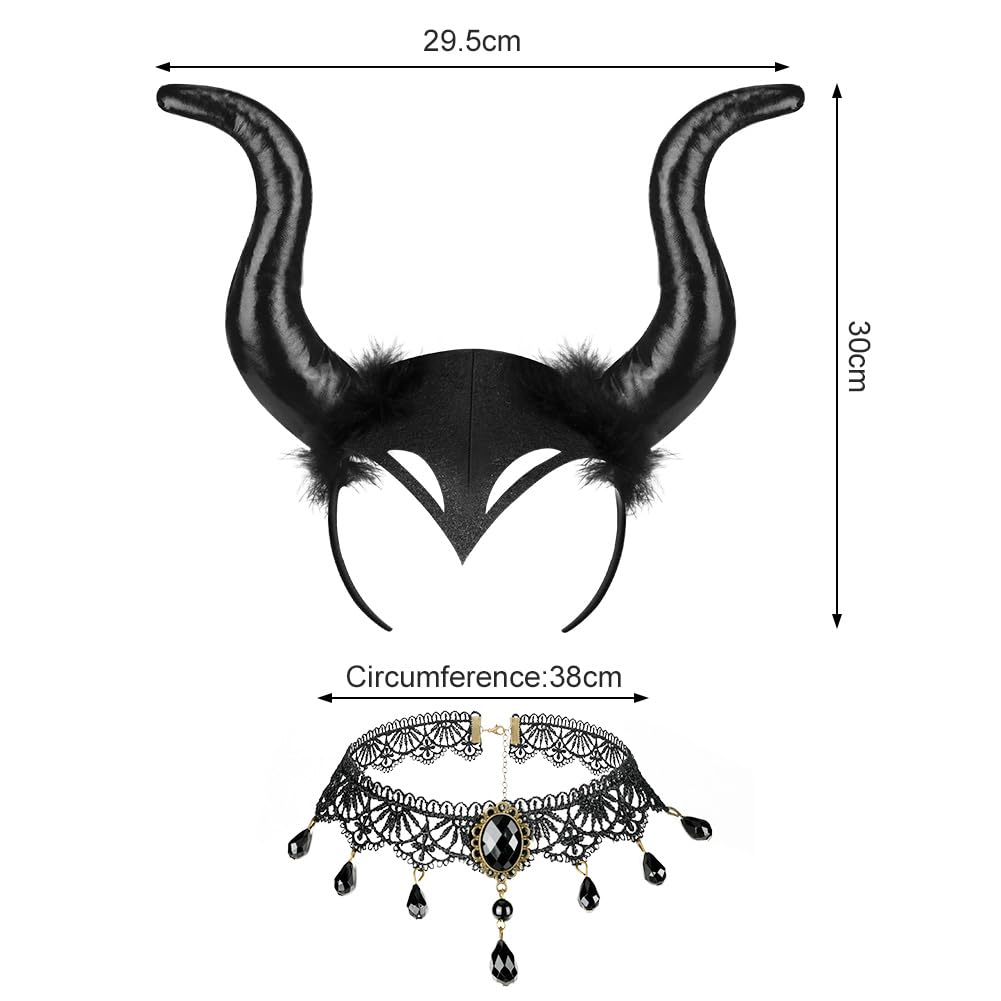 AYBUY Witch Costume Accessory - Gothic Horns Black Witch Headband with Retro Lace Necklace for Women's Halloween Cosplay - Image 2