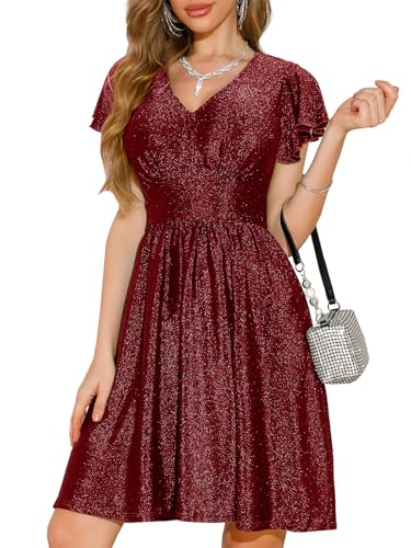 oten Womens 2025 V Neck Ruffle Sleeve Sparkly Glitter Empire Waist Flared A Line Swing Cocktail Party Dress