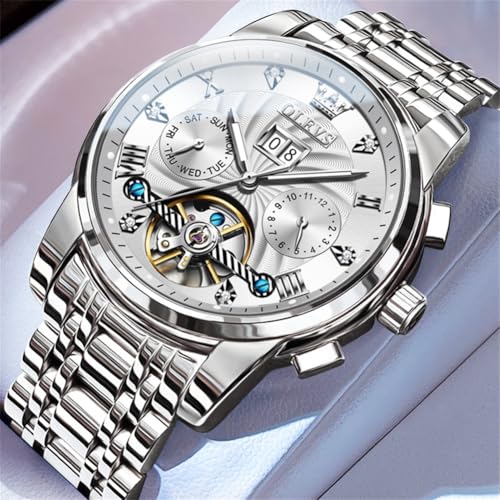 Image of OLEVS Men Automatic Watch Skeleton 5 Hands Mechanical Classic Luxury Multi Calendar Stainless Steel Waterproof Wrist Watch for Men