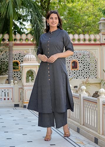 Image of Yash Gallery Women's Cotton Printed A-Line Kurta with Pant Set |Lilac Geometric Print|Mandarin Collar, Front Buttons & Short Roll-Up Sleeves|Casual & Office Ethnic Wear