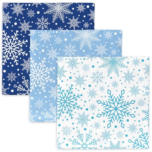 Whaline 150 Pcs Winter Paper Napkins Xmas Blue White Snowflake Disposable Luncheon Napkin Dessert Dinner Napkin for Christmas Holiday Birthday Party Wedding Table Supplies