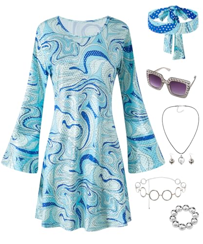 7 PCS 70s Disco Outfit Women Dress Halloween Costume Hippie Cloth...