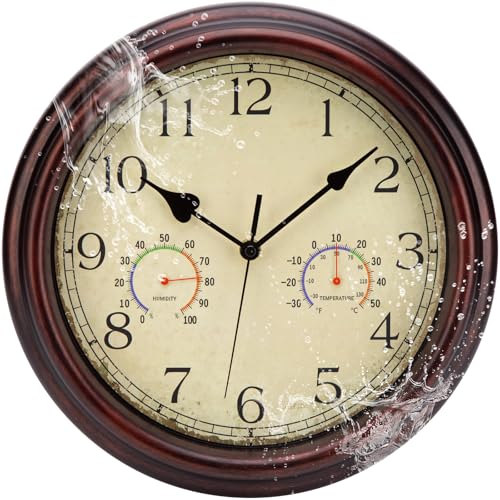 ACCSHINE Outdoor Wasserdicht Wanduhr Mit Thermometer und Hygrometer Anzeige Wanduhr Ohne Tickgeräusche Lautlos 30cm Quarz Batterie Betriebene Groß Deko Garten Wand Uhr
