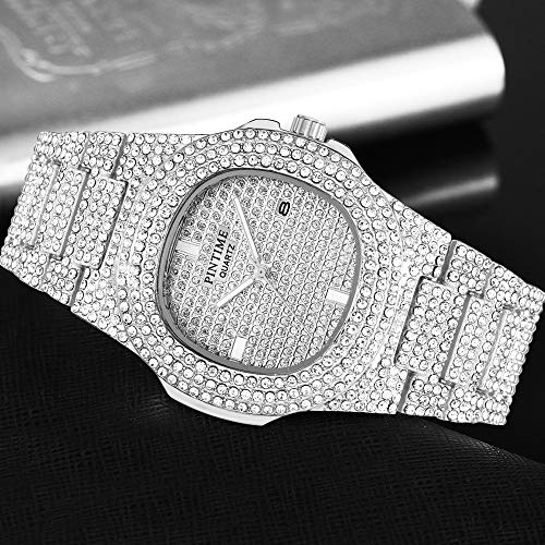 Gosasa Men's/Womens Unisex Crystal Watch Full Bling Iced-Out Cuban Watch Oblong Silver/Gold Wristwatch Hip-Hop Stainless Steel Bracelet Watch4