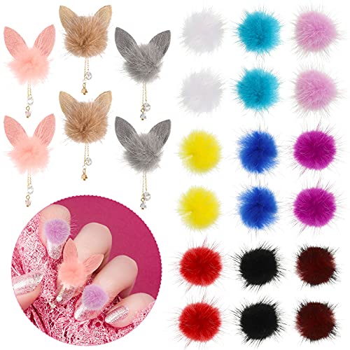 24 Pieces Nail Pom Fluffy Plush Ball Detachable Nail Art Fur Bunny Ears Nail Ball Fur Pom Detachable Manicure Nails Ball