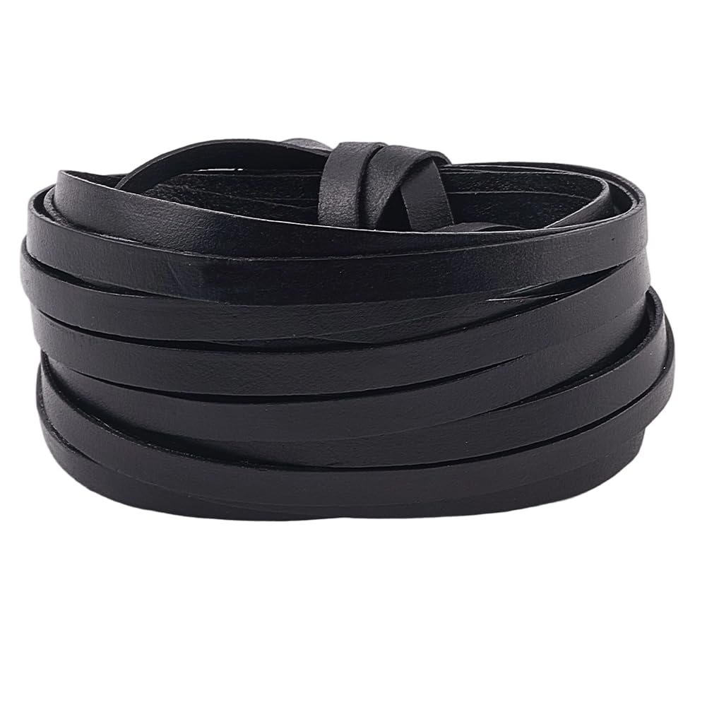 GORGECRAFT 5mx6mm Real Leather Cord String 1mm Thick Full Grain Cowhide Braiding Thread Rope Black Flat Genuine Leather Craft Lace Strips for Jewelry Making Braiding Bracelets Key Chains