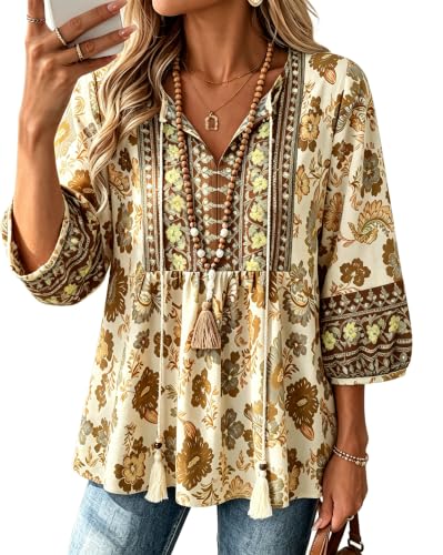 Image of Vivilli Womens Summer Boho Babydoll Tops 3 /4 Sleeve Pleated Peplum Blouses Casual V Neck Tie Front 2026 Tunic Tops