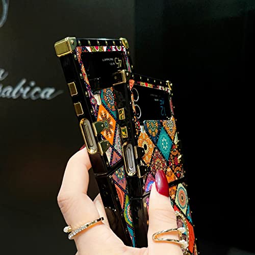 Case For Galaxy Z Flip 3 2021 Cute Girls Women Square Cover With Ring Stand Retro Flower Pattern Metal Reinforced Corners Shockproof Protective Phone Case For Samsung Galaxy Z Flip 3 5G - Mandala #TOP6