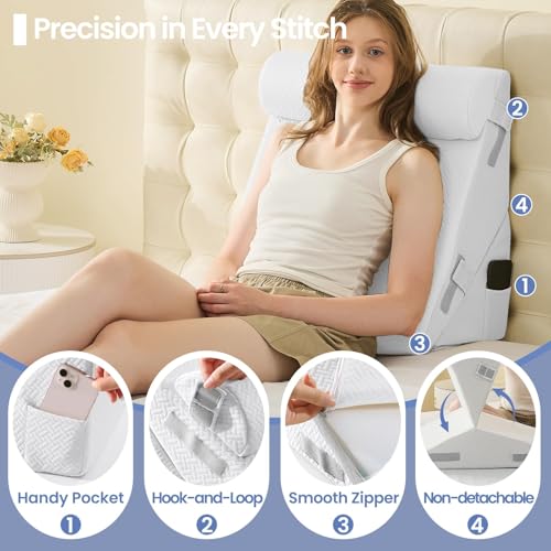 Image of Sasttie Wedge Pillow Set for After Surgery, 2PCS Adjustable Bed Wedge Pillow Headboard with Memory Foam Neck Cushion - for Acid Reflux, Sleeping, Neck & Back Support, White