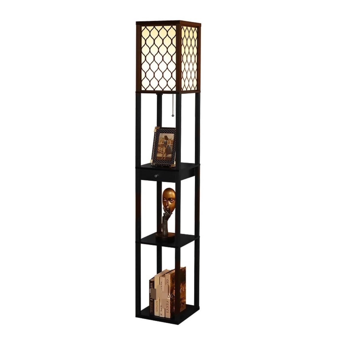 Lampada Terra Lampada Da Terra Woode Con Mensole E Cassetto Portaoggetti Paralume In Tessuto Luce Per Soggiorno Camera Letto Per Soggiorno