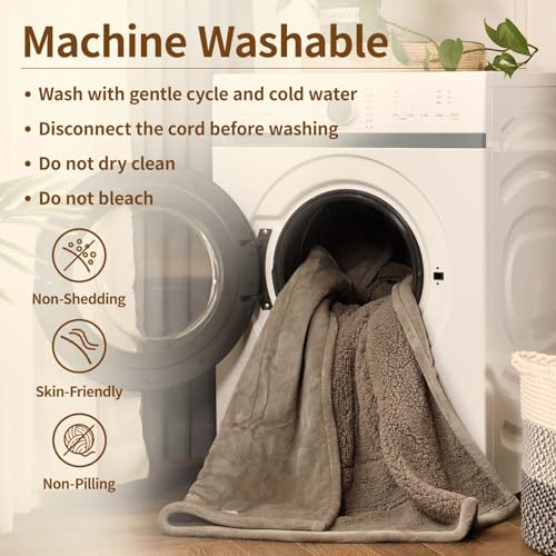 Image of Bearhug Electric Blanket Twin Size, 90F-108F Fast Heating Throw with 10 Heat Levels & 1-12H Auto Shut-Off, Machine Washable Soft Velvet and Sherpa Heated Blanket for Bed or Couch, Taupe