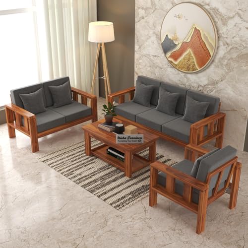 Image of Sheesham Wood Sofa Set 6 Seater Sofa for Home & Office Furniture | Solid Wooden 6 Seater Sofa Set for Living Room, 3+2+1 Sofa Set in Natural Teak Finish