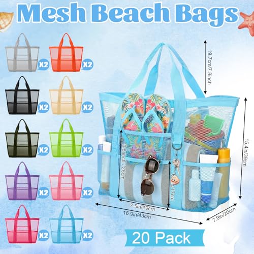 Image of Hsei 20 Pack Mesh Beach Bags Bulk for Women Waterproof Large Pool Tote Bag with Pockets & Handles Travel Vacation Cruise Camping Gym